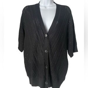 Chico's Black Short-Sleeve Button Front Open Knit Cardigan Cotton Blend NWT Sz L